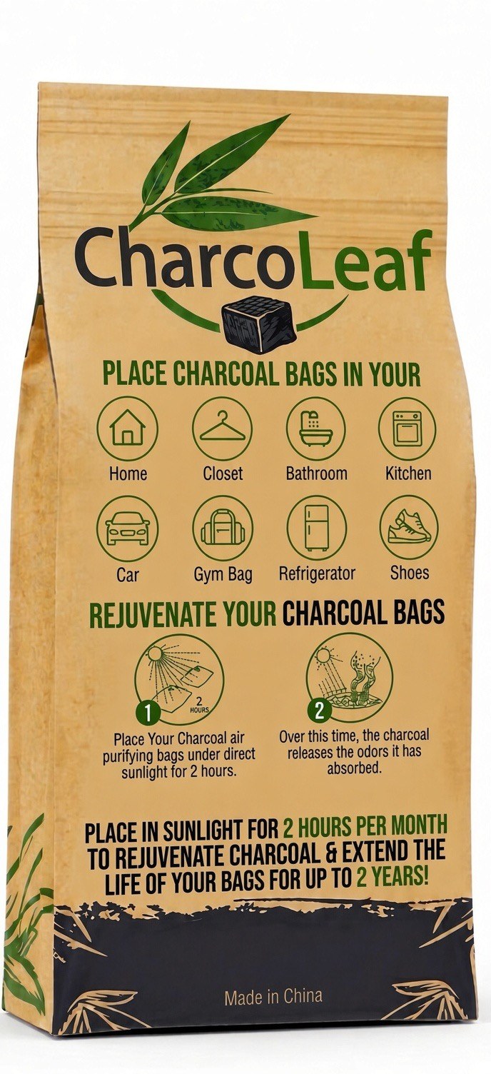 Back of CharcoLeaf packaging showing suggested locations and sunlight rejuvenation directions