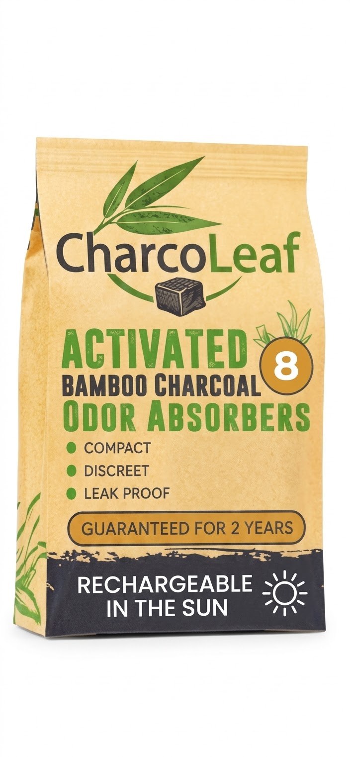 Front of CharcoLeaf Activated Bamboo Charcoal Odor Absorbers packaging