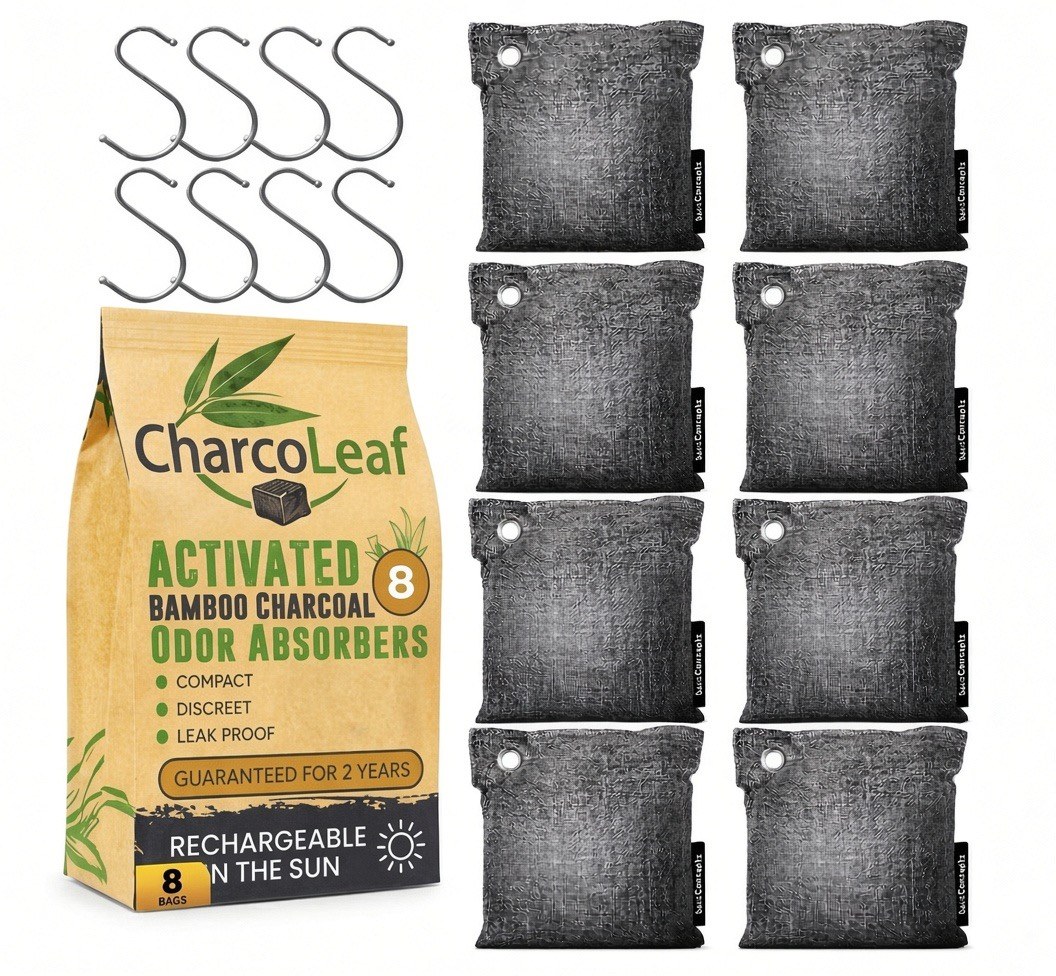 CharcoLeaf package with eight activated bamboo charcoal odor absorber bags and hanging hooks